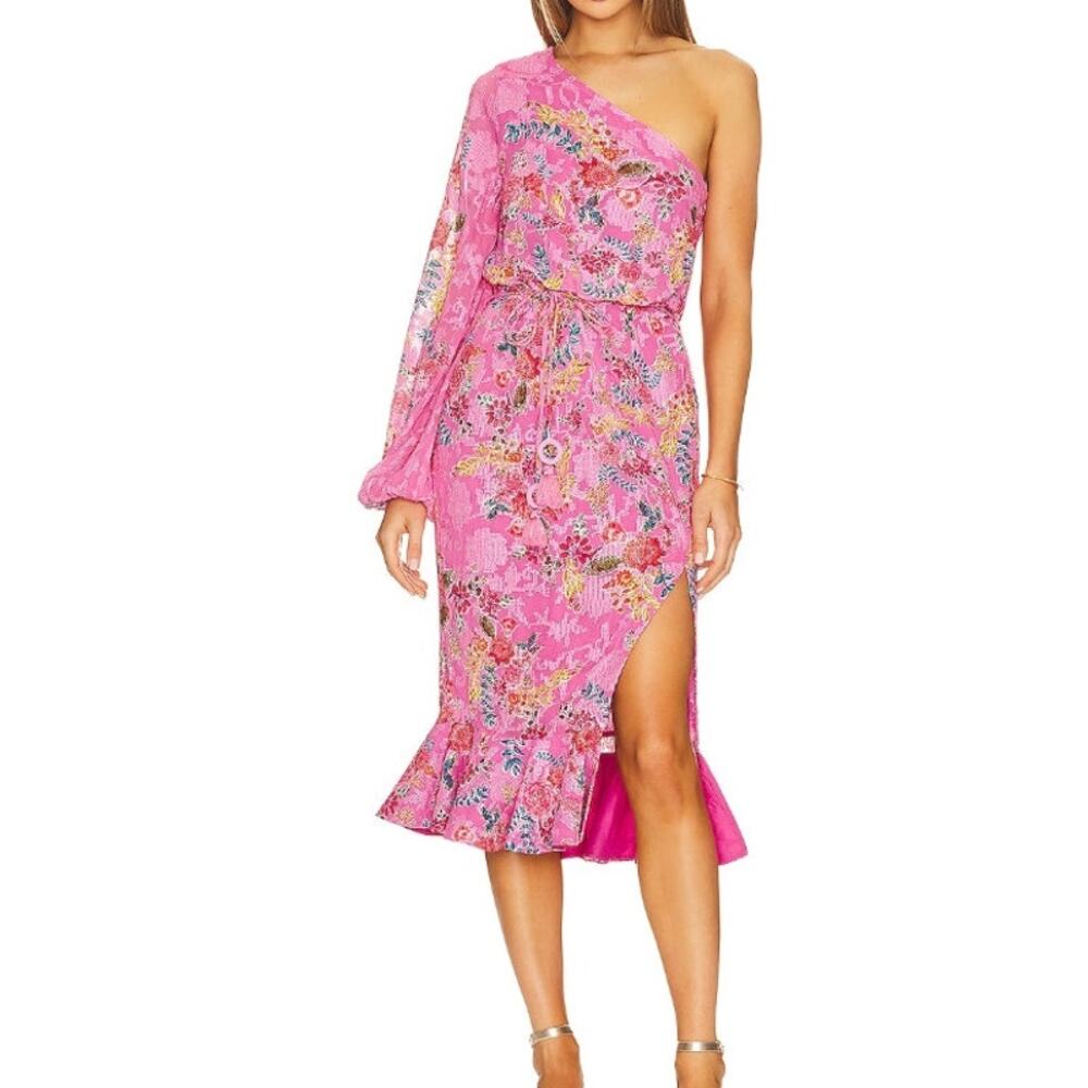 Hemant & Nandita Fiora Pink Floral One Shoulder Midi Dress Ruffle Medium